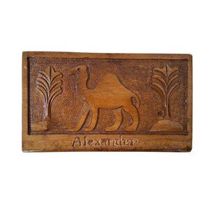 Hand Carved Wooden Secret Lock Box Puzzle Chest Camel With Palm Trees Alexander